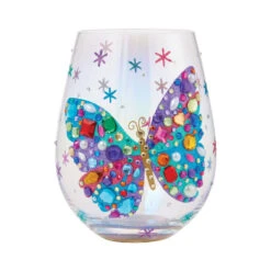 Lolita Bejeweled Butterfly Stemless Handpainted Wine Glass, 20 Oz.